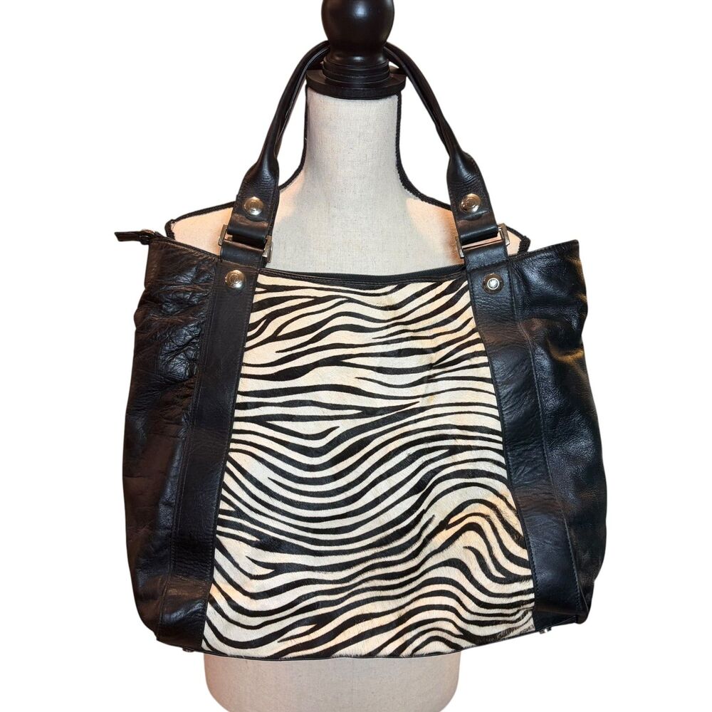 Aqua Madonna Zebra Print Leather Hair-On-Hide Tote Bag